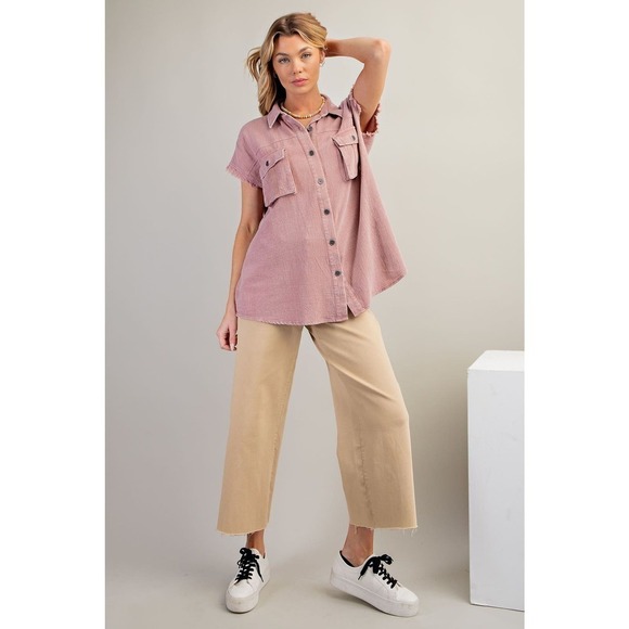 easel Tops - Raw Edge Cap Sleeve Mineral Washed Button Down Top - Dusty Rose